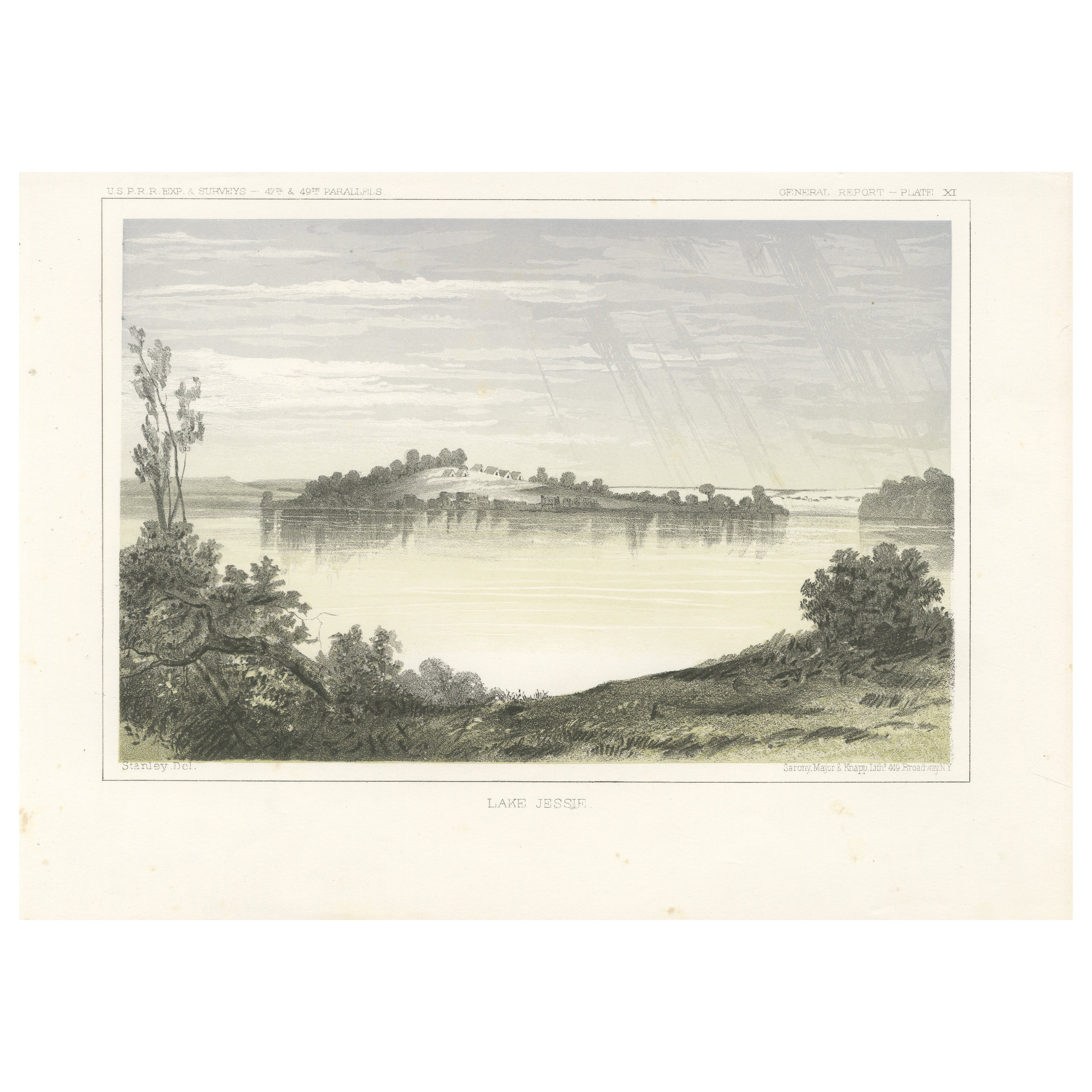 Paisaje Sereno del Lago Jessie en Dakota - Litografía Tintada Publicada  in 1856