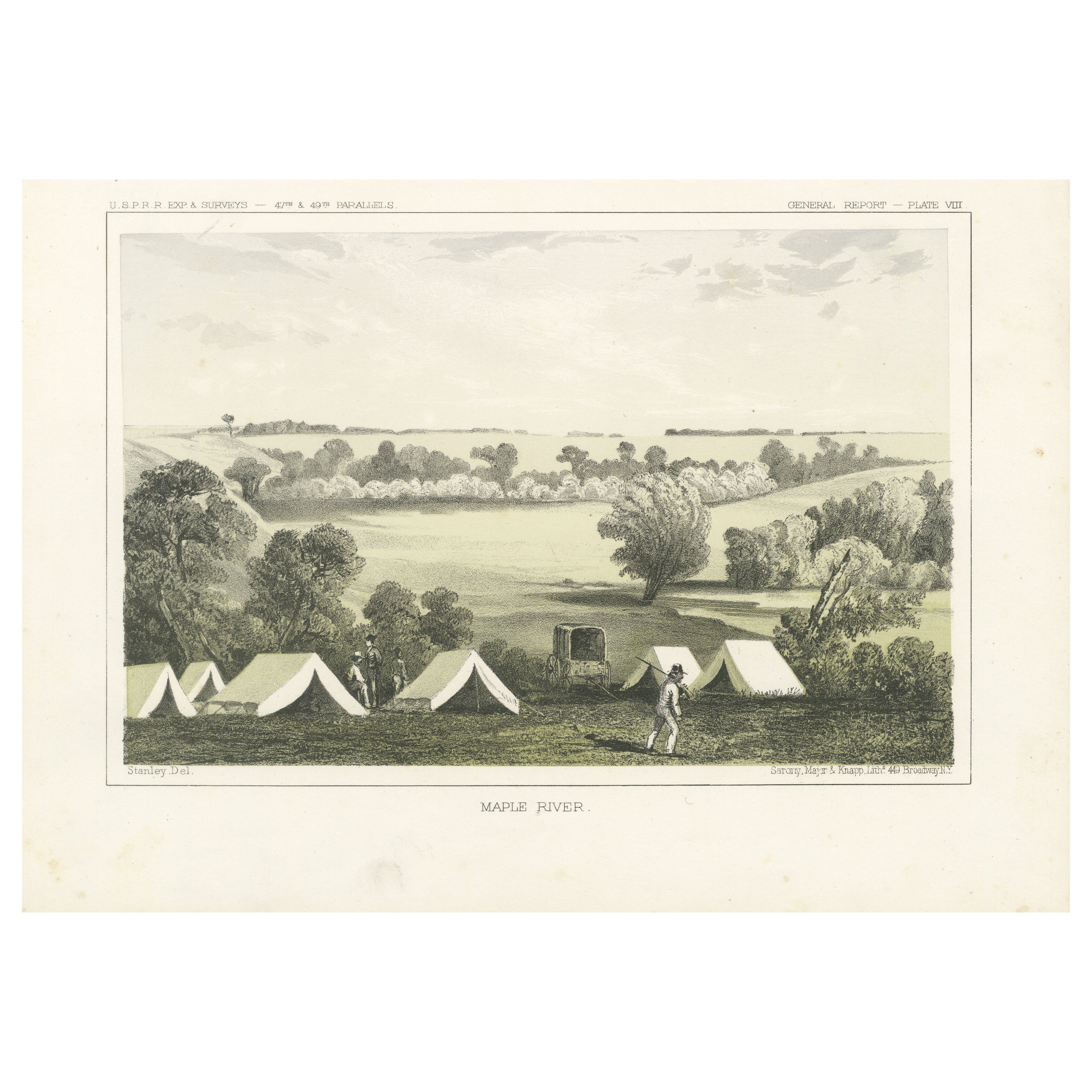 Tinted Lithograph of Picturesque Camp Scene Along Maple River, Minnesota - 1856