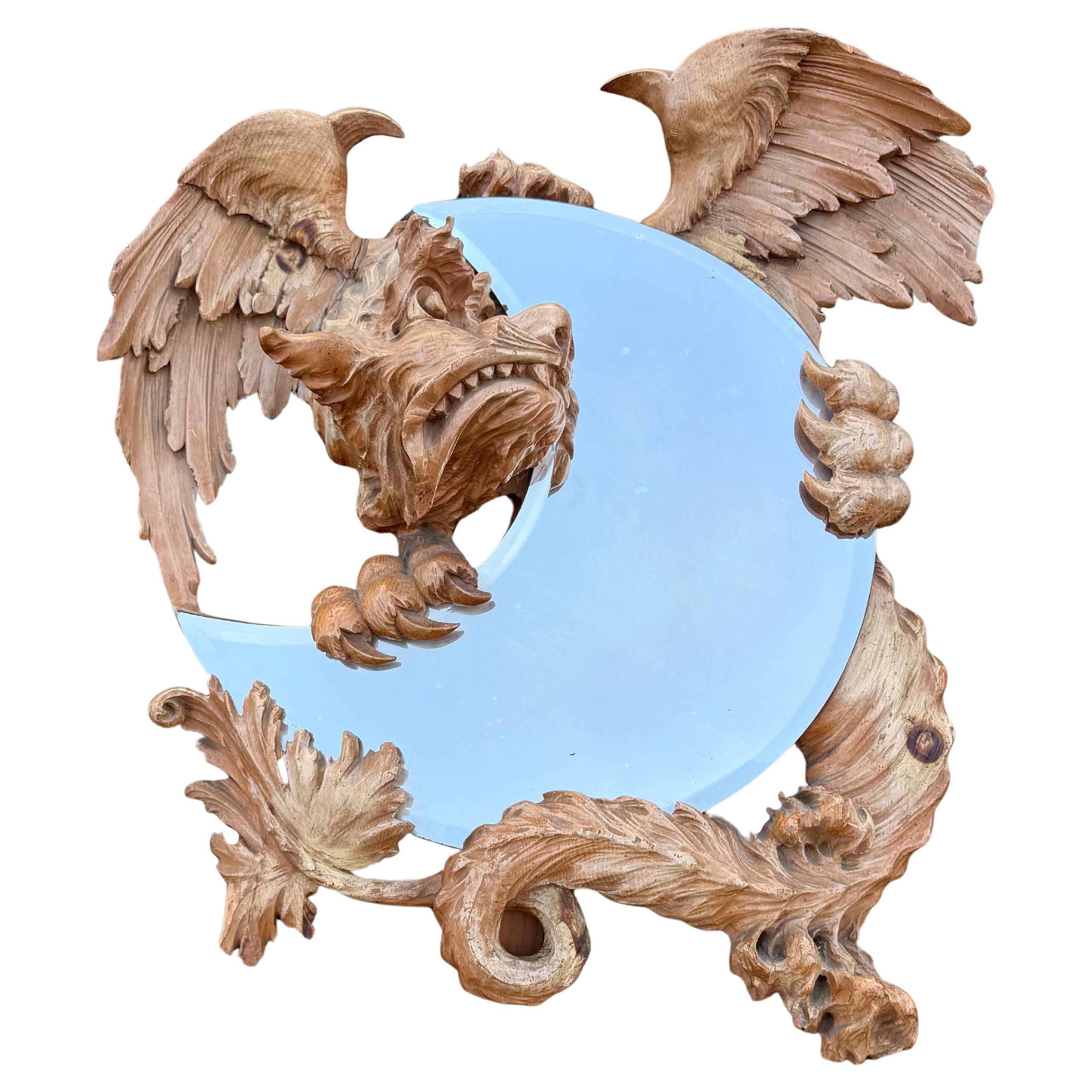 Antique & Quality Carved Dragon Sculpture Holding a Moon Shaped Beveled Mirror