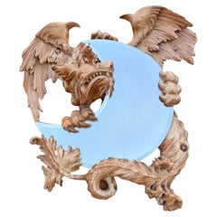 Antique & Quality Carved Dragon Sculpture Holding a Moon Shaped Beveled Mirror
