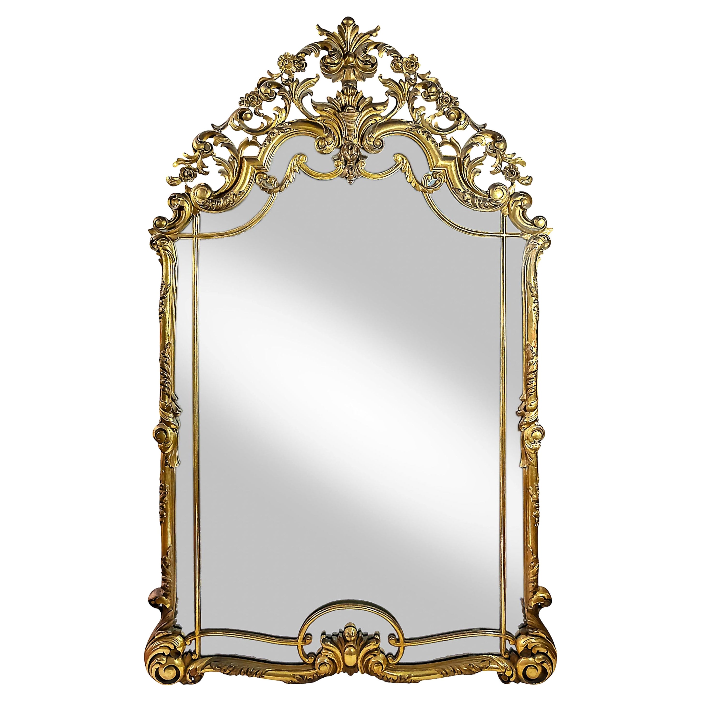 Large Antique Spanish Hand-Carved Gilt Wood Wall Mirror For Sale