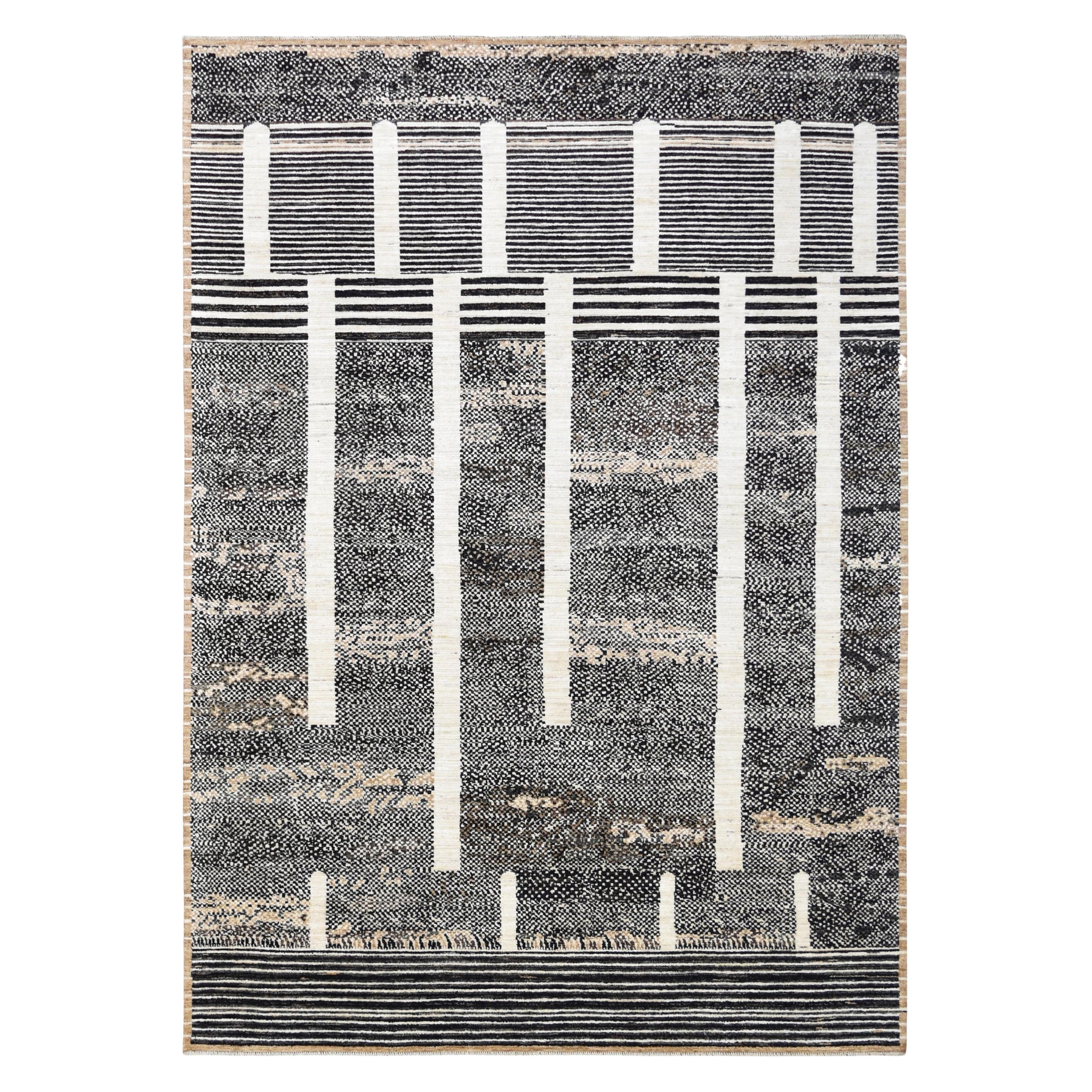 Modernes Schwarzes Braun und Elfenbein Geometrisches Design Wollteppich 8'6''x12'