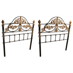 Antique 1930s  Pair of Wrought Iron Bed Headboards with Golden Details and Flowers