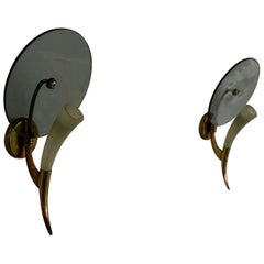Exklusives Paar Wandleuchter aus Horn, Glas und Messing, 1940er Jahre, Italien