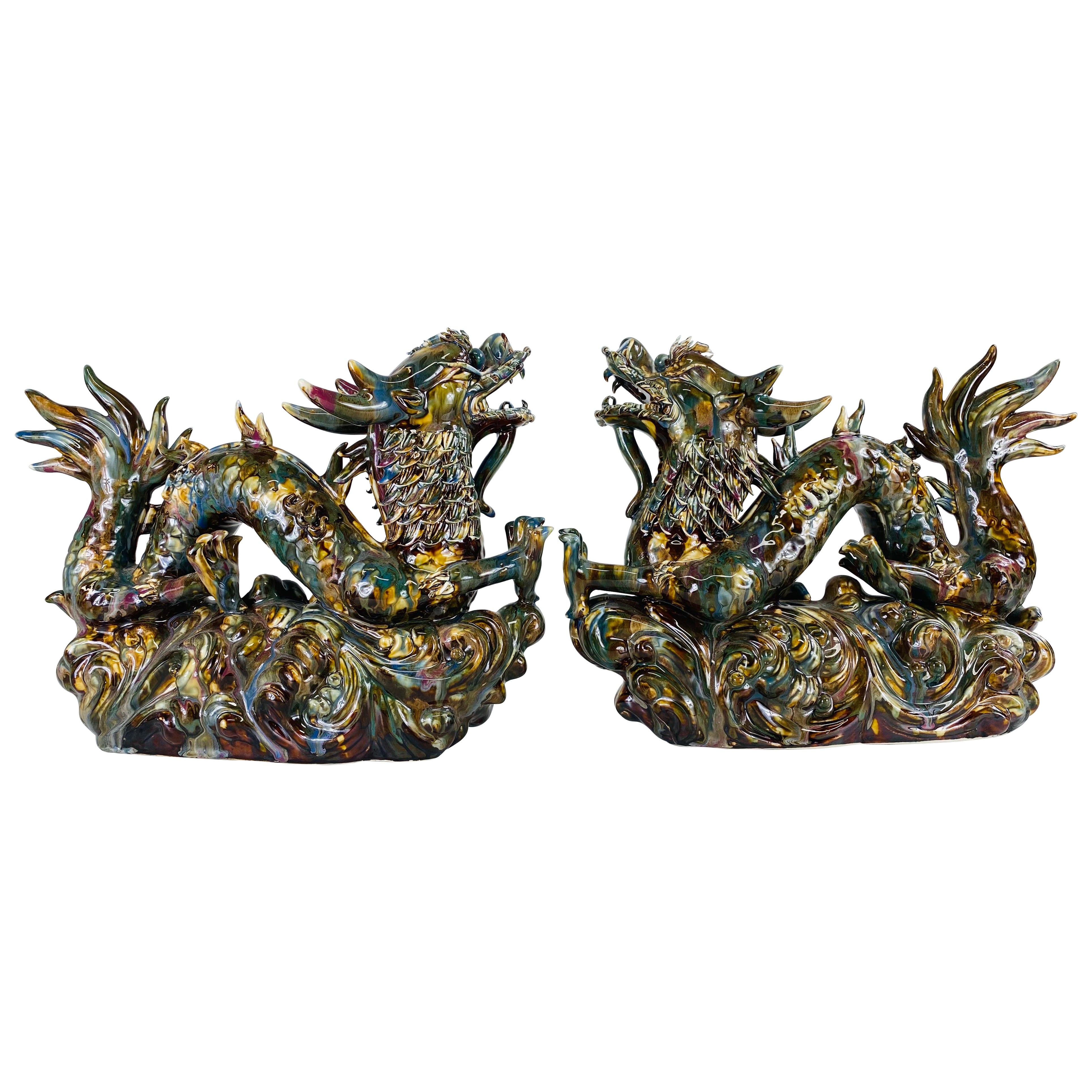 Magnificent mid-century vintage pair of majolica pottery dragons For Sale