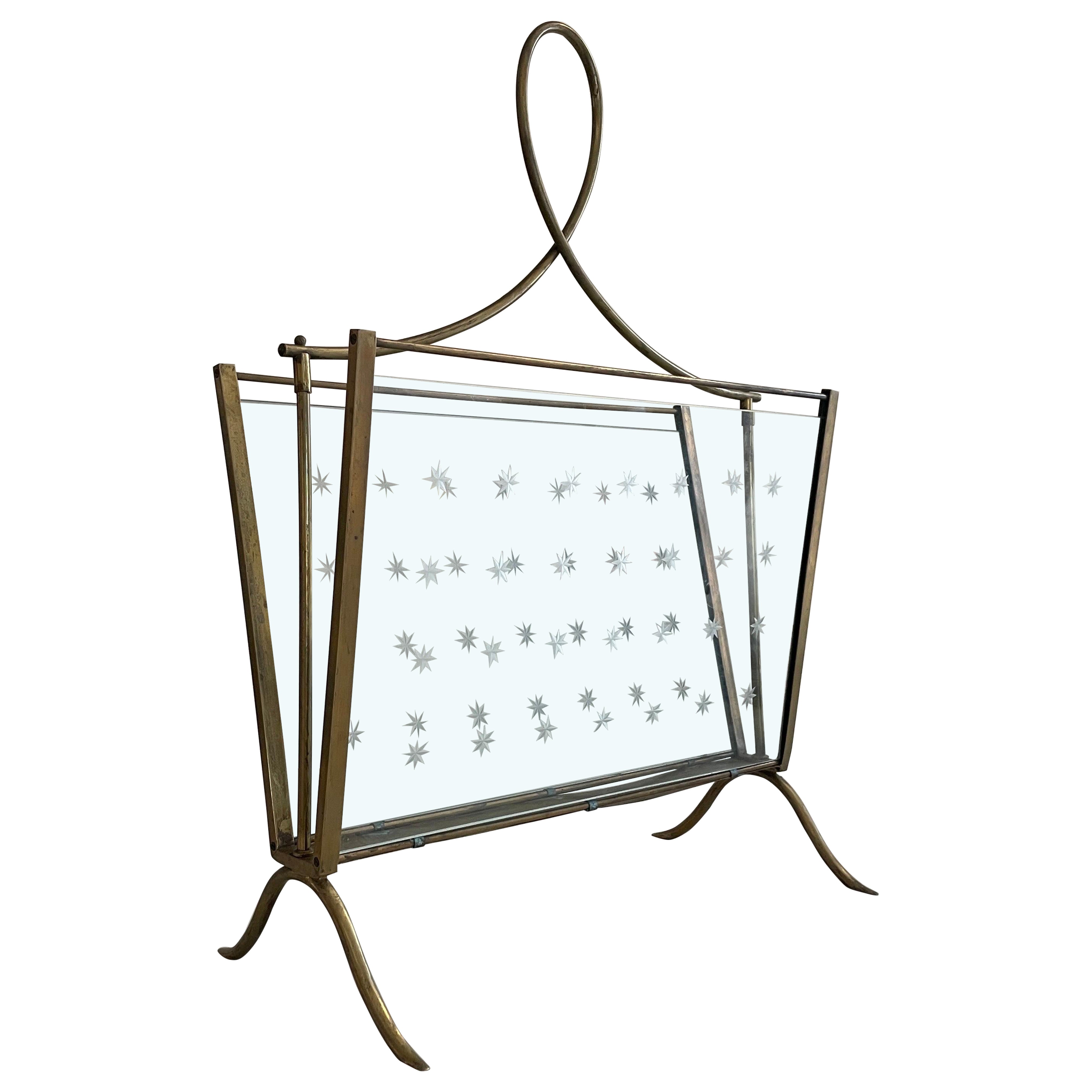 Mid-century Modern Glass and Brass Elegant Magazine Holder, 1960s, Italy