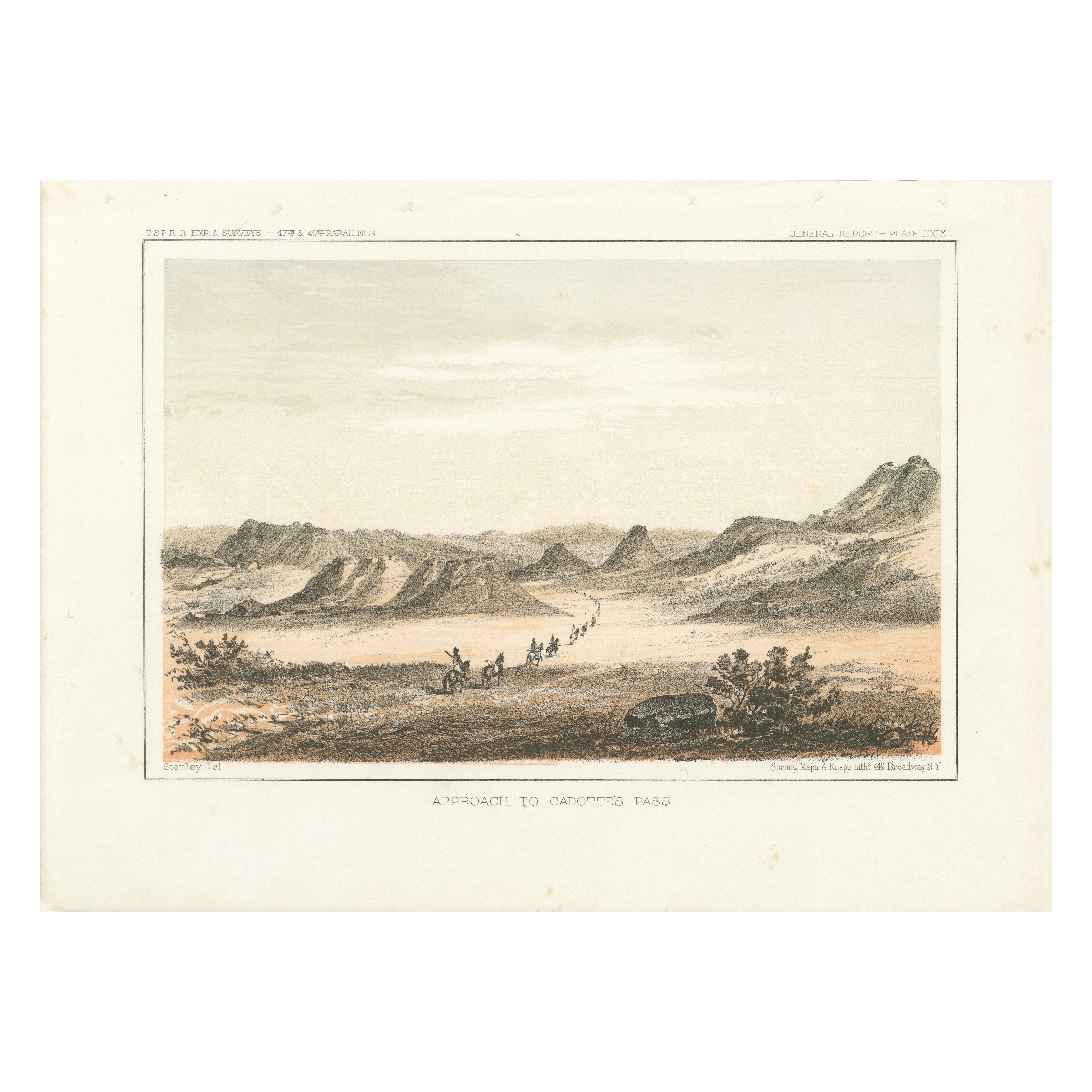 Spedizione panoramica al Passo di Cadotte nelle Montagne Rocciose, litografia colorata del 1856