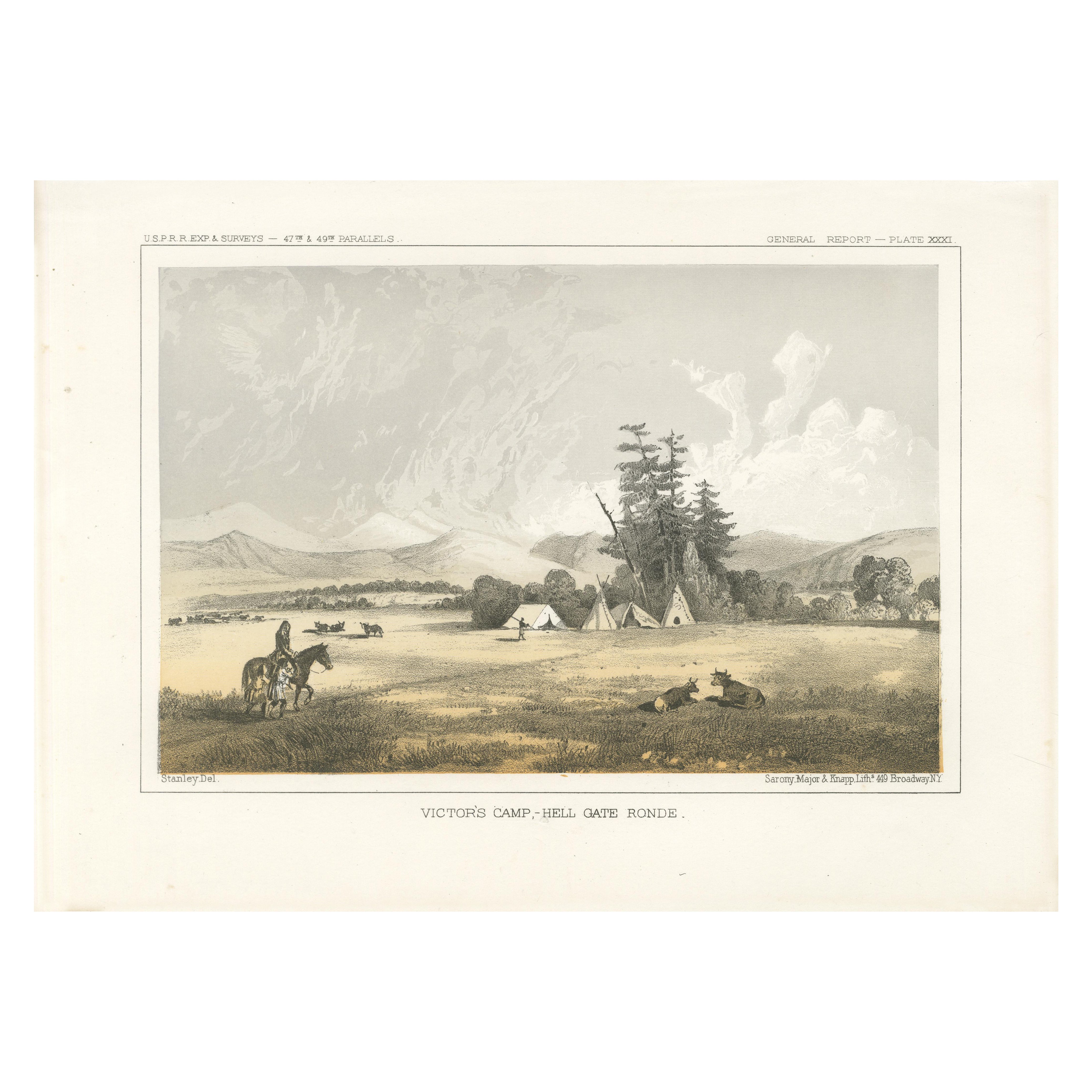 Scena di accampamento dei nativi americani a Hell Gate Ronde - Paesaggio di prateria pacifica, 1856