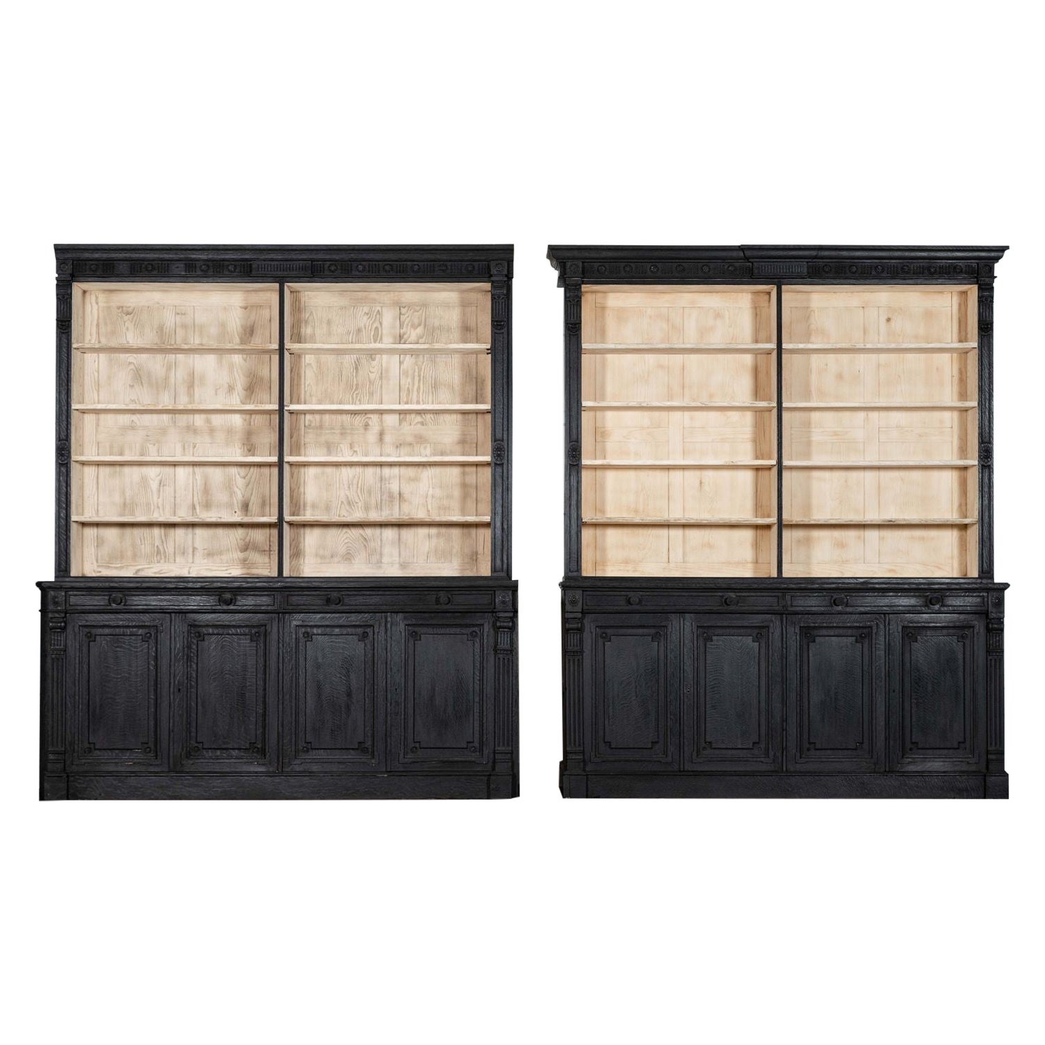 Pair Large 19thC English Ebonised & Bleached Carved Oak Bookcases
