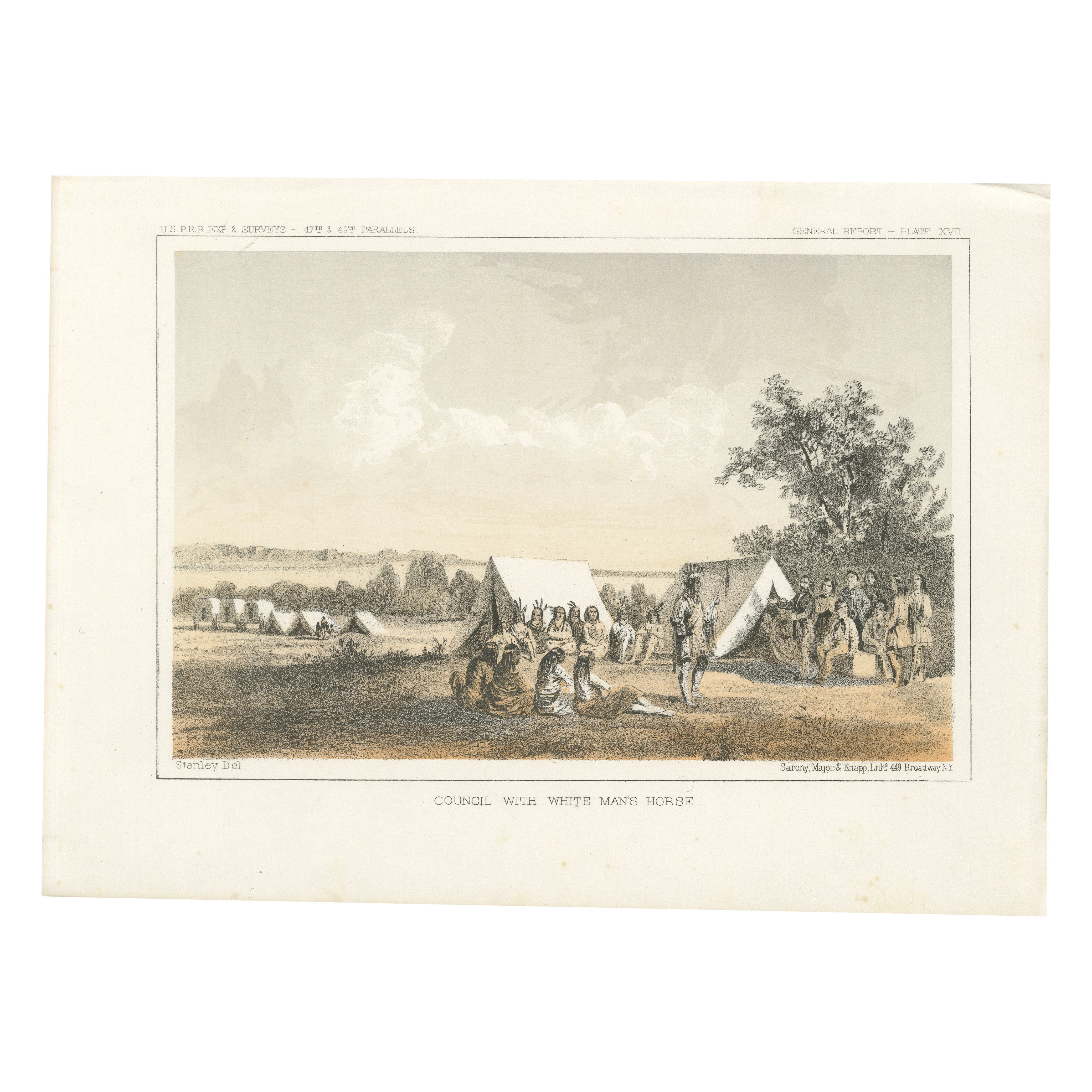 Stampa storica del Consiglio dei Piedi Neri vicino alle stazioni commerciali del fiume Missouri - 1856