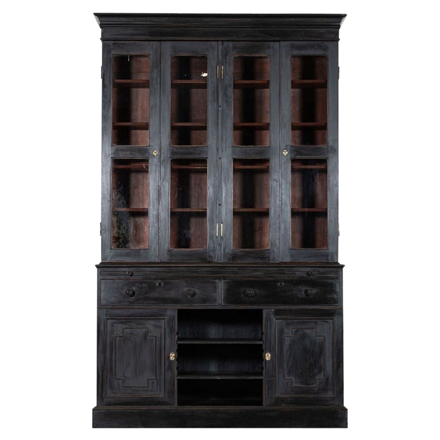 Gran librería secreta inglesa del siglo XIX de caoba ebonizada acristalada