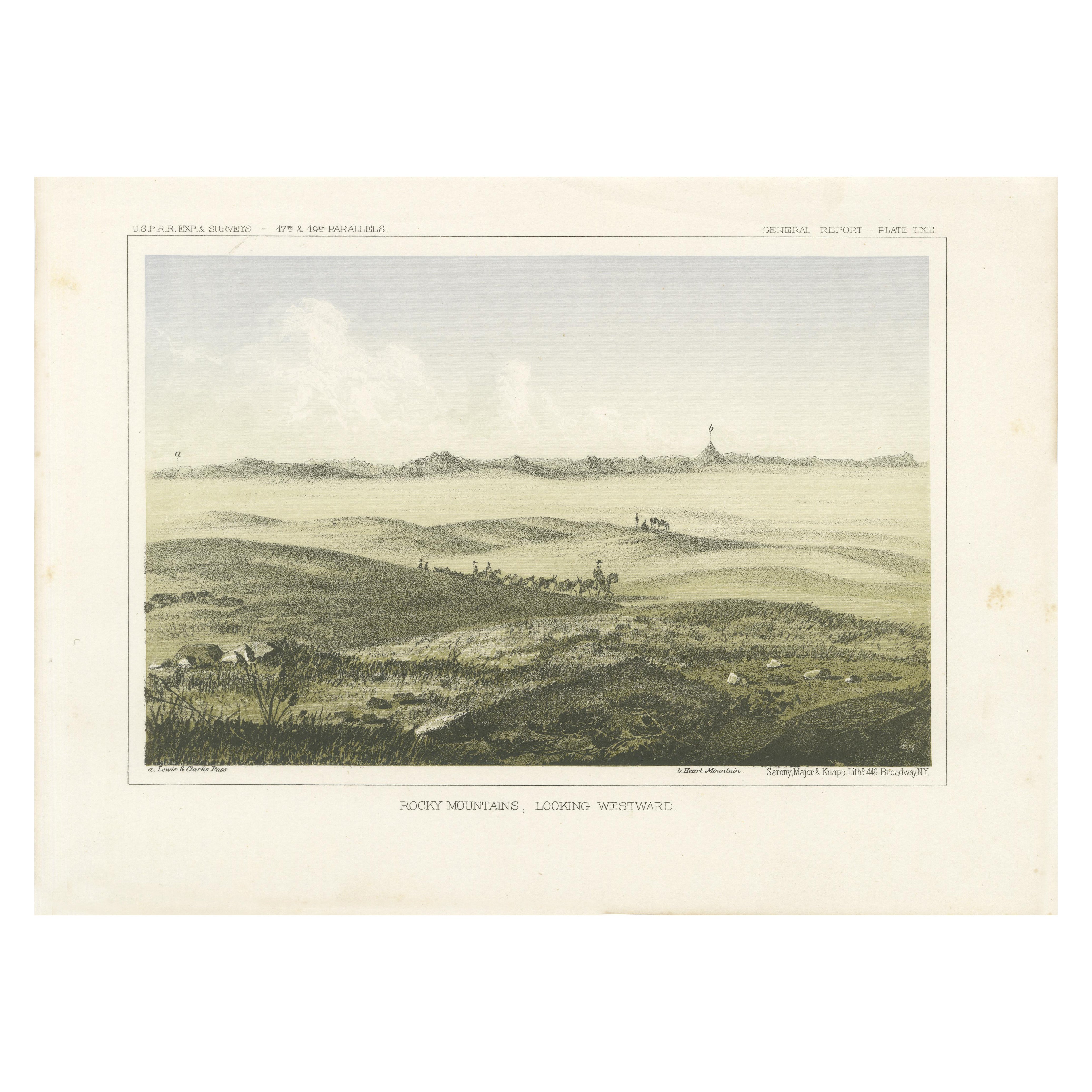 Litografia colorata del 1856 delle vaste pianure delle Montagne Rocciose: Una vista verso ovest