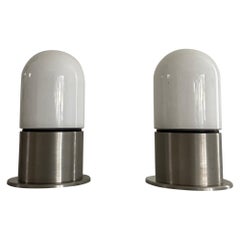 Minimal Rare Opal Glass & Chrome Pair of Flush Mounts by BEGA, 1970s, Germany