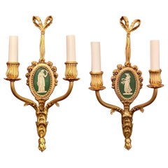 Pair Antique French Ormolu and Wedgwood Porcelain Sconces, Circa 1885-1895.