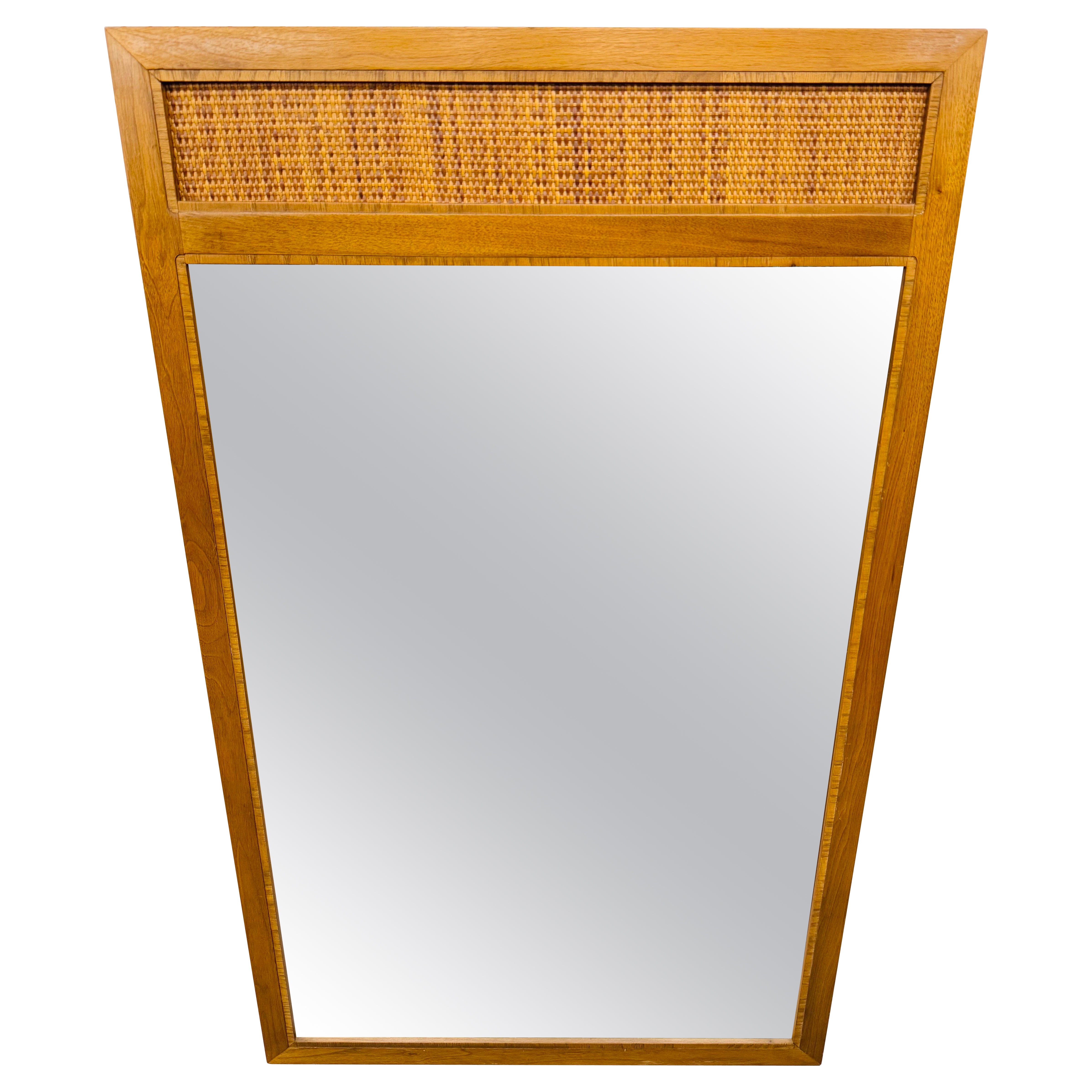 Mid-Century Modern Walnut & Cane Wall Mirror