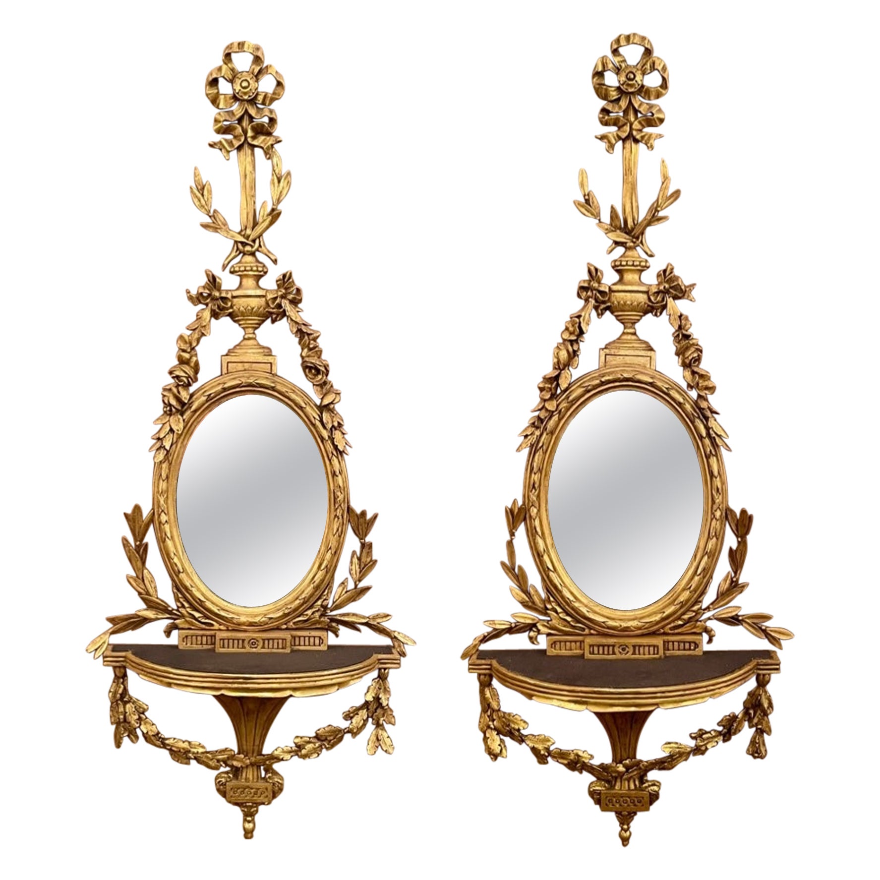 Pair Antique English Adam Style Carved Gilt Wood Mirrors, Circa 1880's.