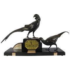 Art Deco Clock with Two Bronze Pheasants and Two Cups