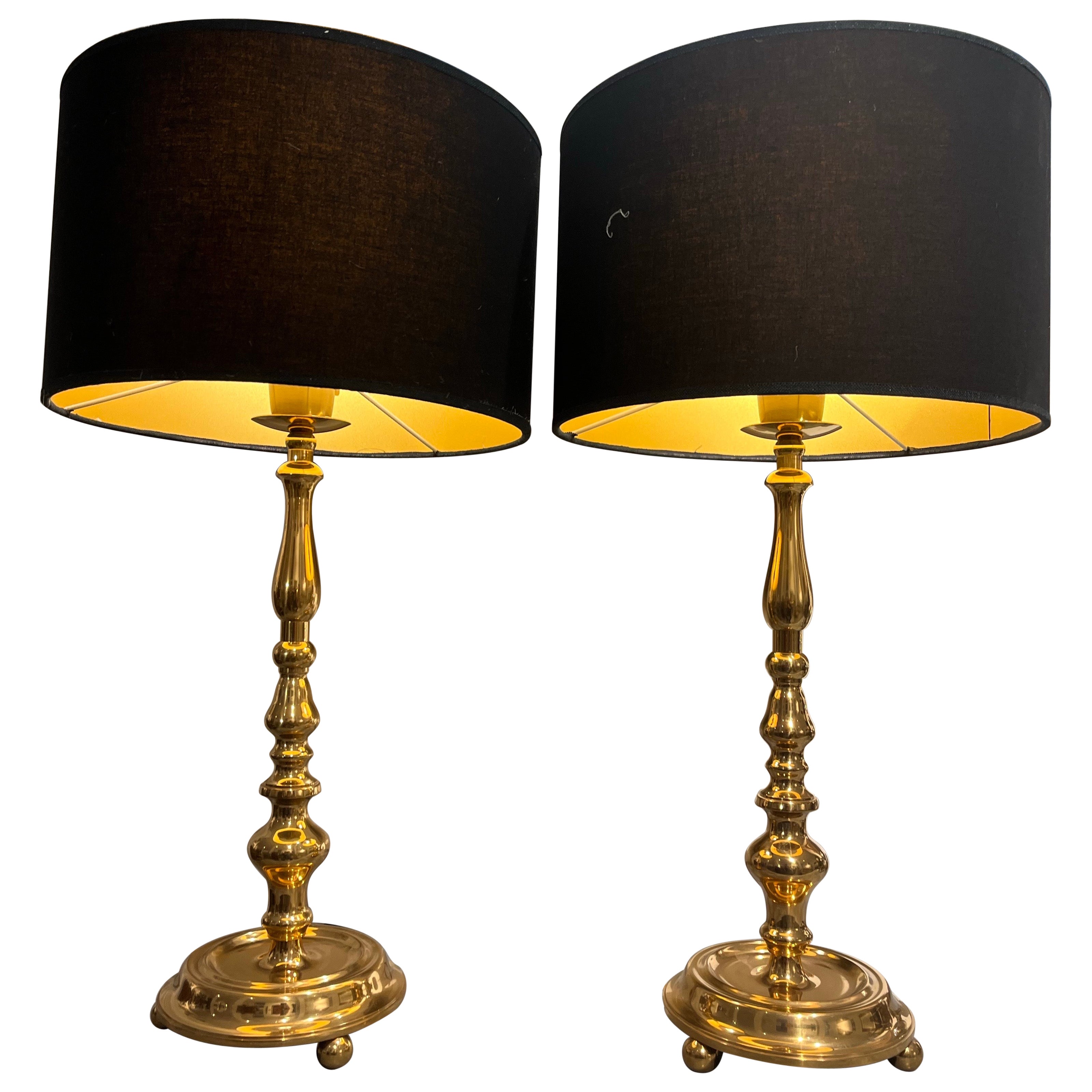 Pair Polished Vintage Mid Century Brass Table Lamps