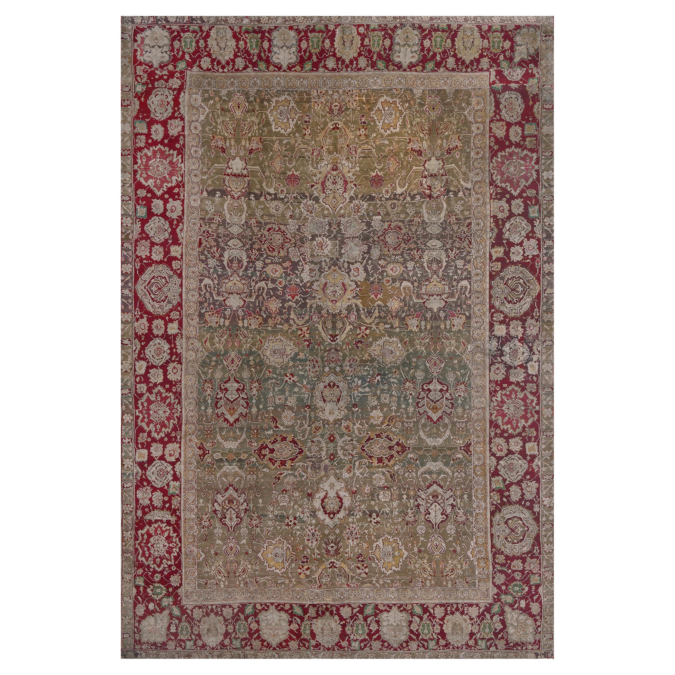 Oversized Antique Hand-woven Wool Floral Agra Rug 11'x17'
