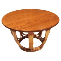 Restored Mid-century Rattan & Mahogany 3-Strand Round Drum Base Coffee Table