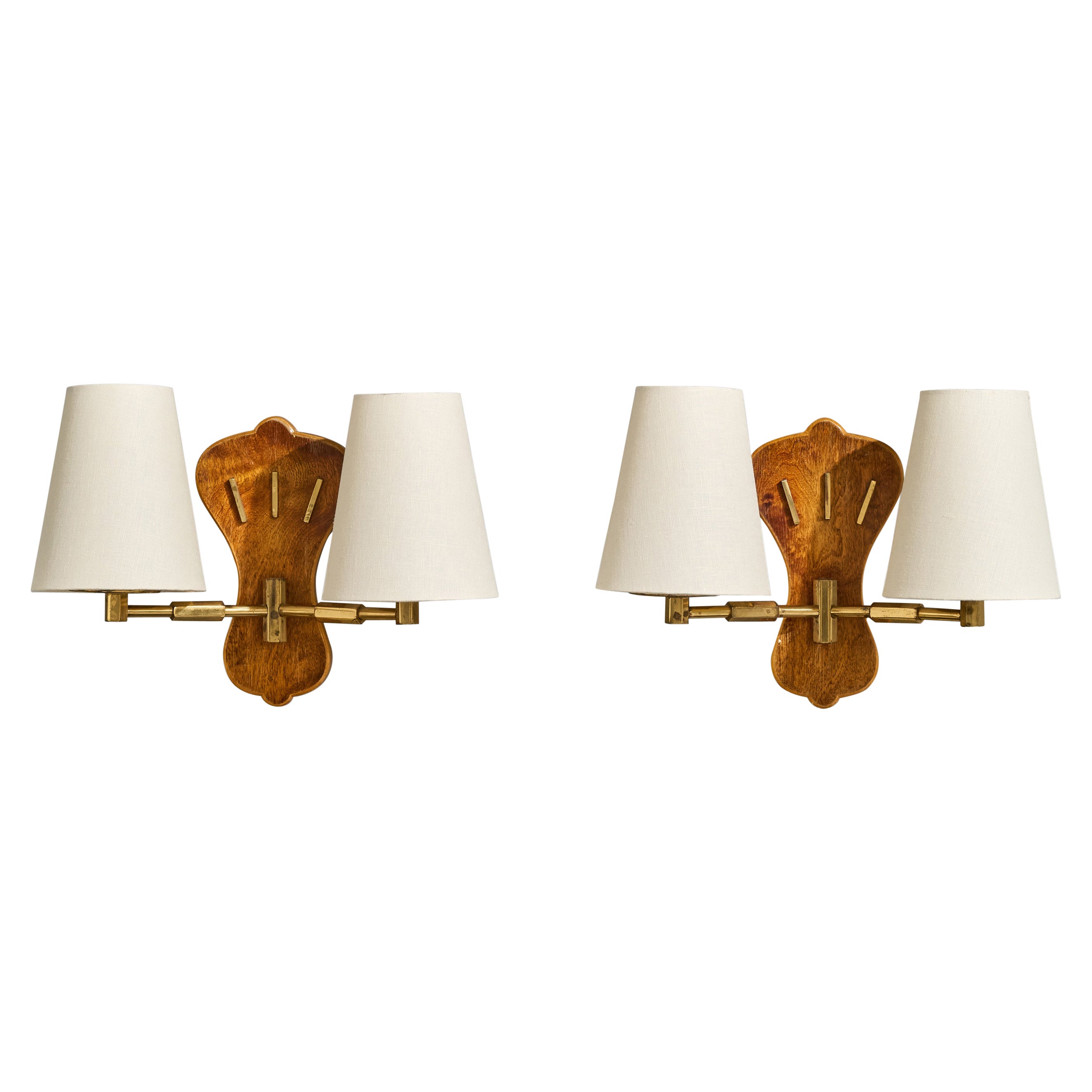 Danish Designer, Wall Lights, Brass, Wood, Fabric, Denmark, 1940s