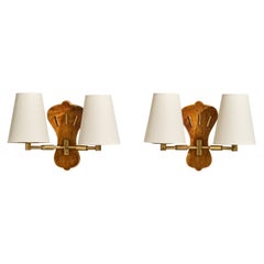 Danish Designer, Wall Lights, Brass, Wood, Fabric, Denmark, 1940s