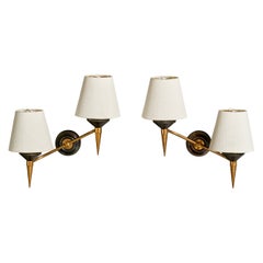 French Designer, Wall Lights, Brass, Metal, Fabric, France, 1950s