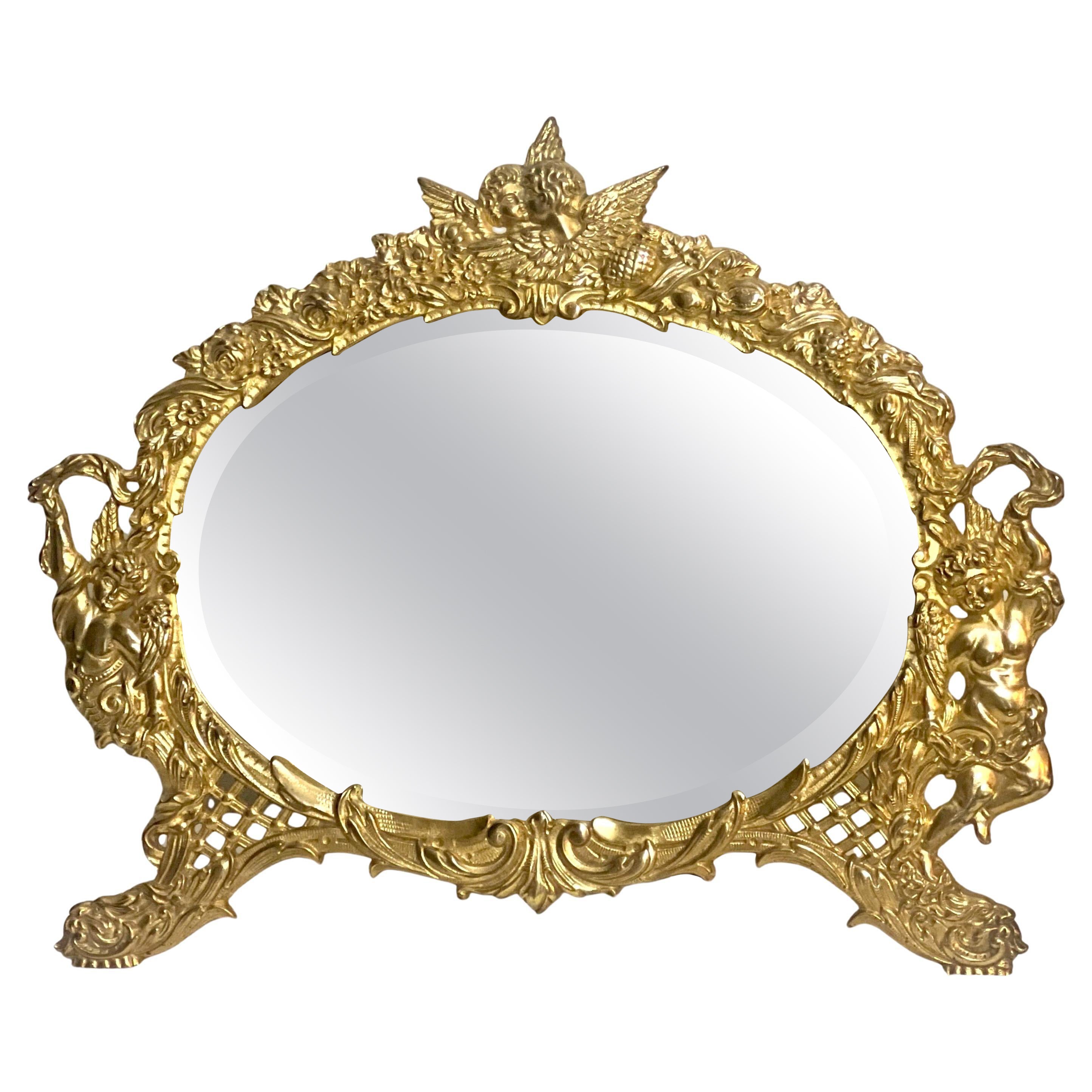 A.I.C. National Brass and Iron Works Miroir de table biseauté en fonte dorée en vente