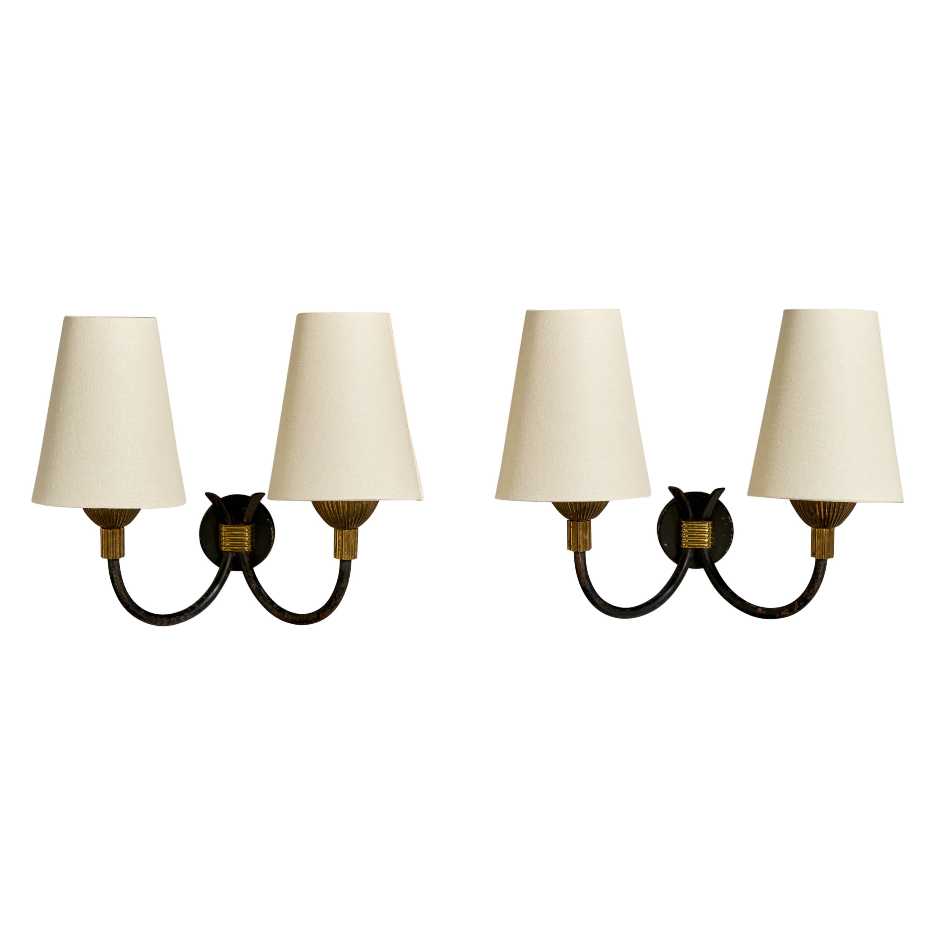 Italian Designer, Wall Lights, Brass, Metal, Fabric, Italy, 1950s