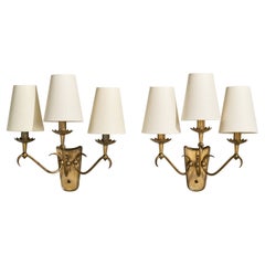 Italian Designer, Wall Lights, Brass, Fabric, Italy, 1950s