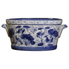 20th Century Asian Blue and White Painted Porcelain Foot Bath or Jardiniere