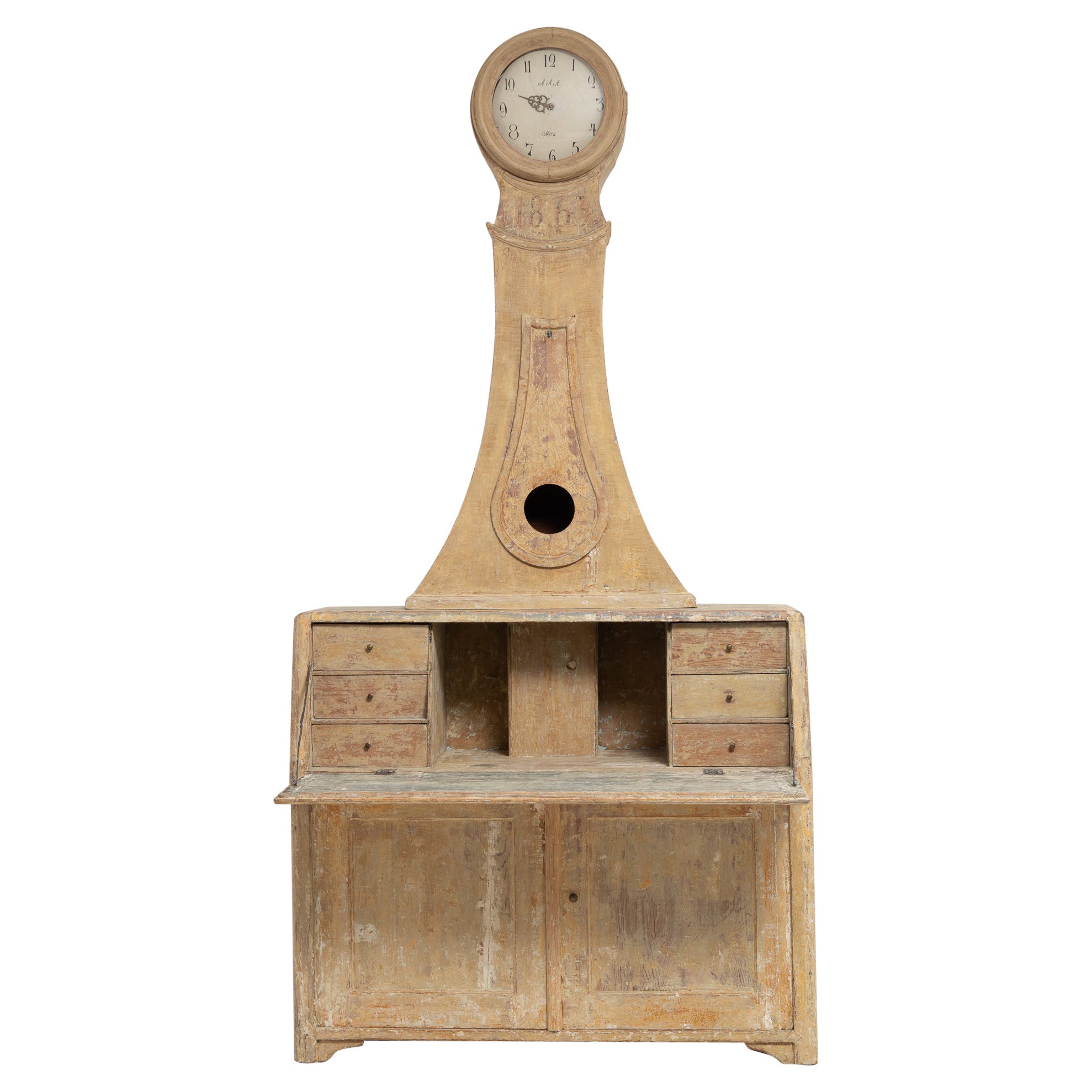 Ancienne armoire à horloge ou secrétaire en pin baroque suédois avec Patina Authentique