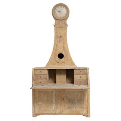 Antique Swedish Baroque Pine Clock Cabinet or Secretary with Authentic Patina