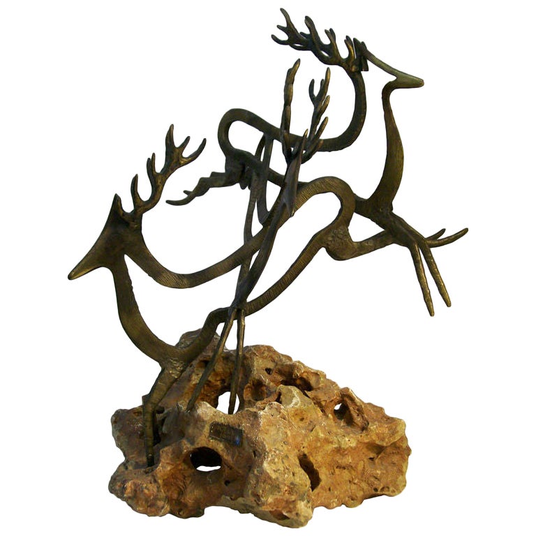 "Three Leaping Reindeer" Bronze Sculpture by Chaim Hendin