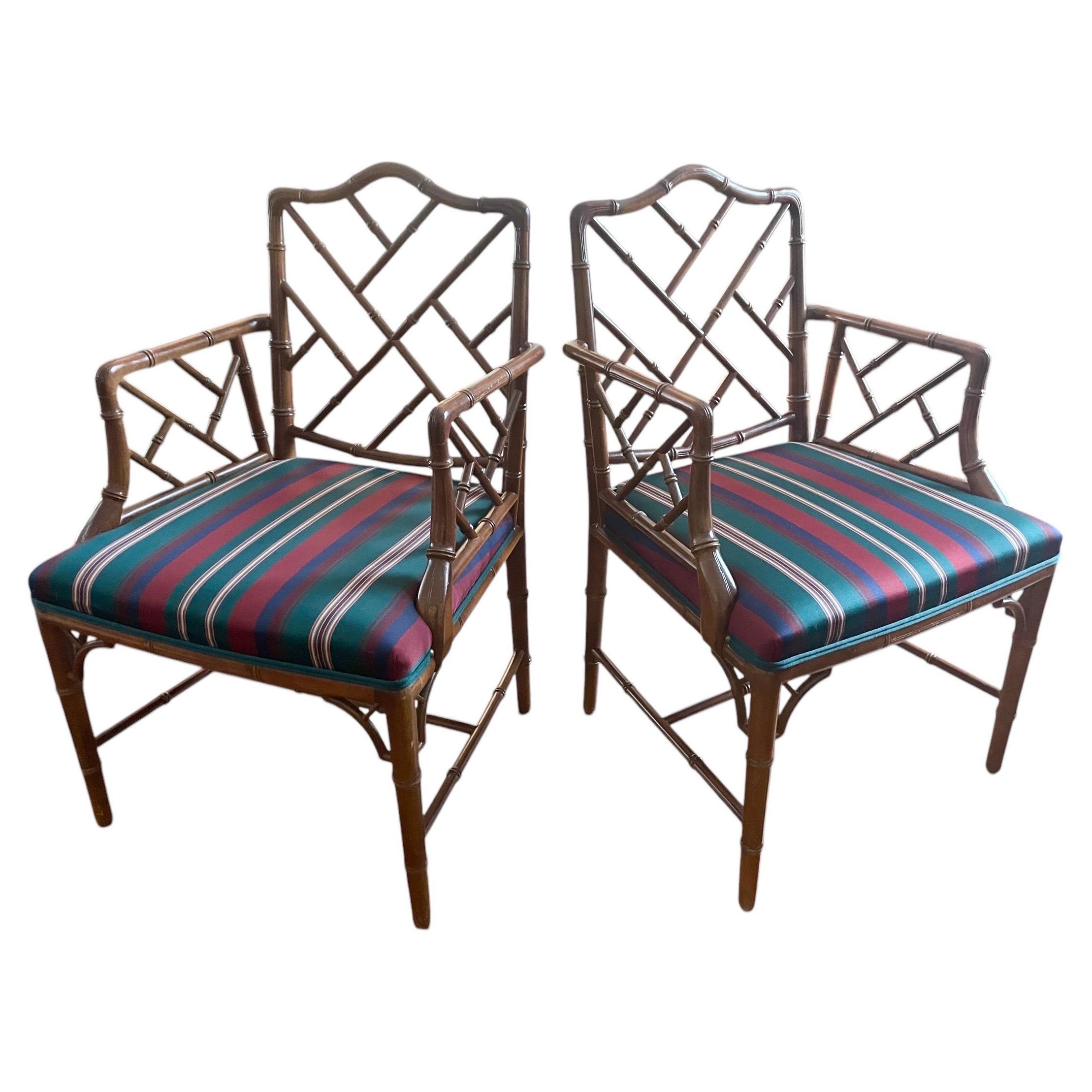 Chinese Chippendale Chair Pair Faux Bamboo Hollywood Regency Accent Armchairs For Sale