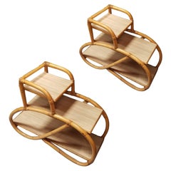 Restored Rattan Side Tables 3-Tier 3/4 Pretzel Arms w/ Formica Top -