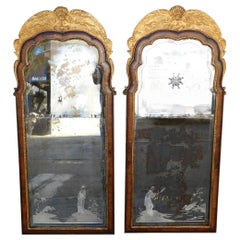 Antique Pair of English Queen Anne Walnut Gilt Shell & Figural Wall Mirrors, Circa 1720