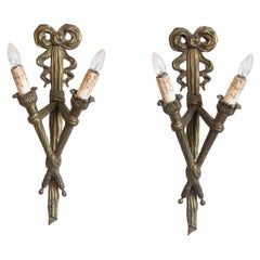 Pair of French 19th Century Bronze Two-Light Ribbon-Tied Wall Sconces, Wired
