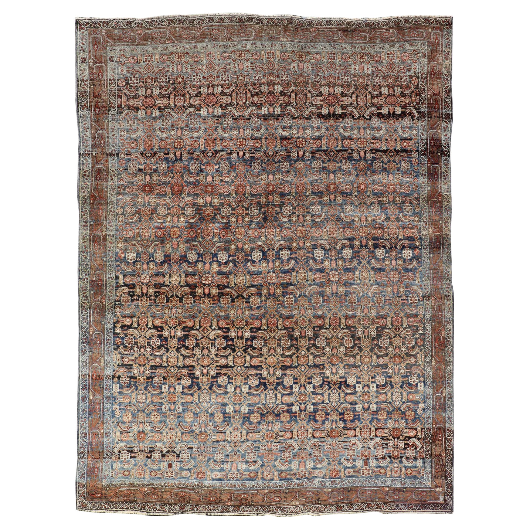 Tapis persan ancien Bidjar avec motif de treillis sur toute sa surface 6'9 x 9'5