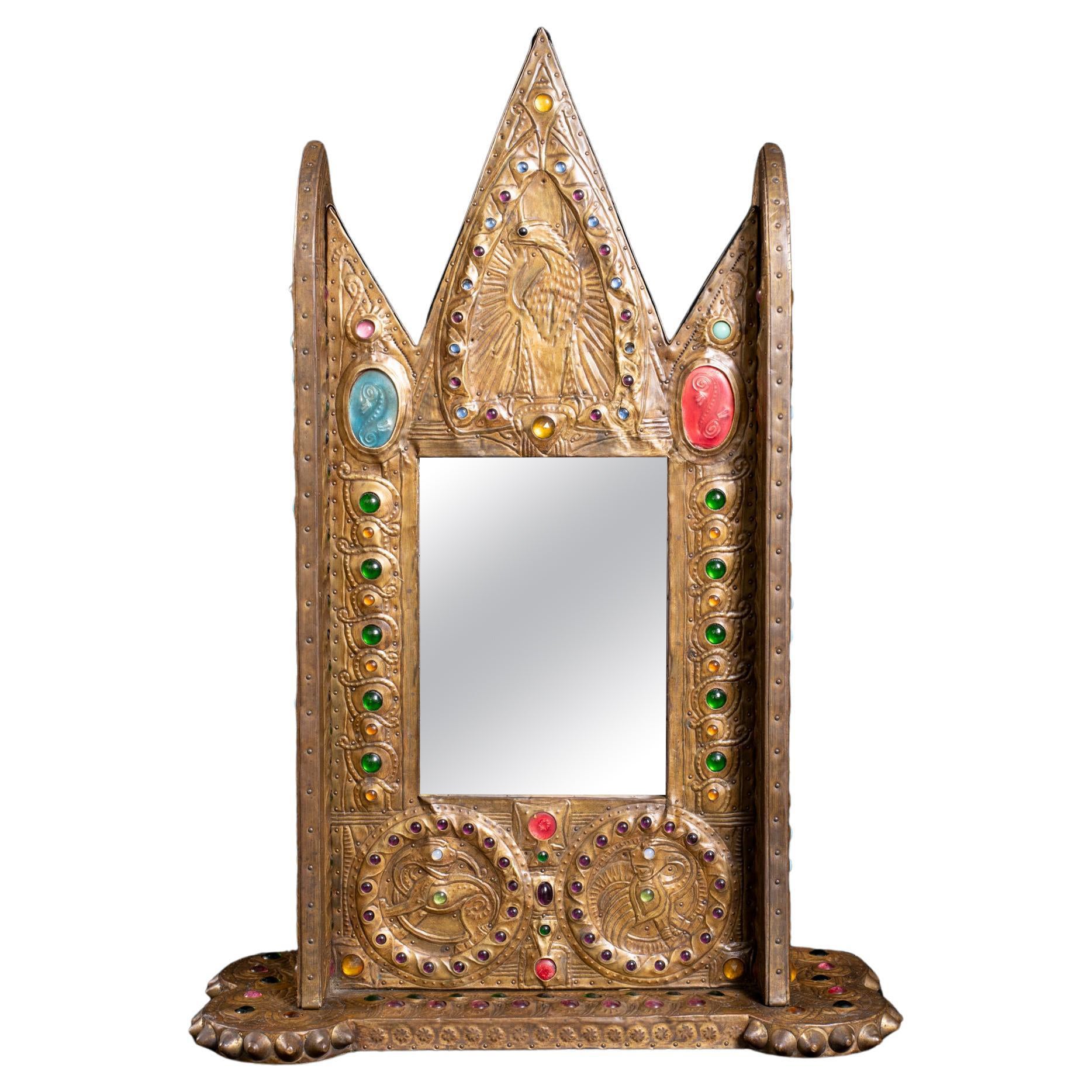 Art Nouveau Adorned Gothic Repoussé Mirror by Alfred Daguet For Sale