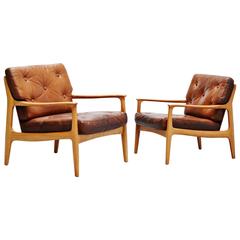 Swedish Easy Chairs Pair in Birch and Lovely Leather, 1960