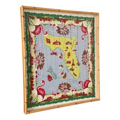 Monumental Vintage Custom Bamboo/Rattan Trim Framed “Old Florida” Tablecloth