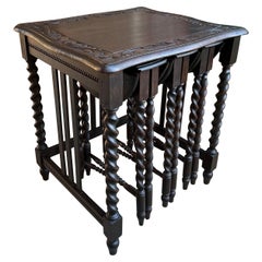 SET 4 Antique French Drop Leaf Nesting TABLE BARLEY TWIST Folding End Carved Oak