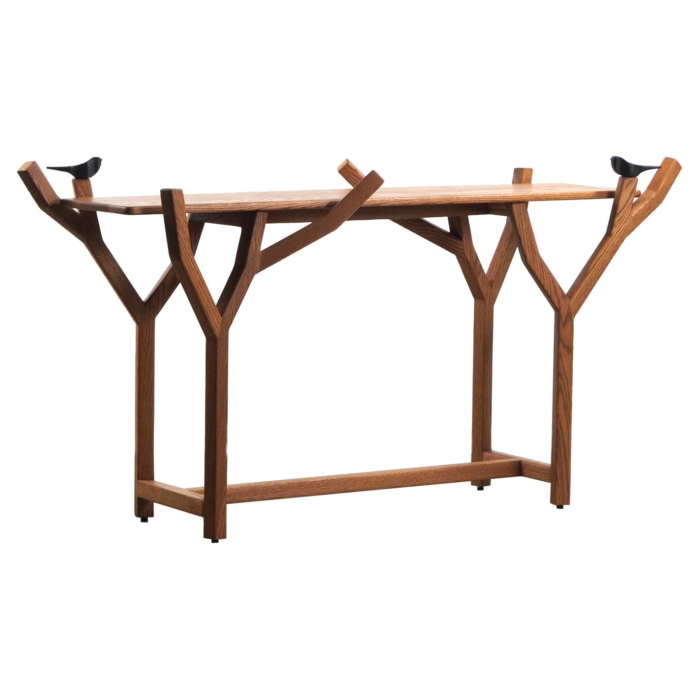 Minimal modern Solid Oak statement console with handcrafted birds and brass For Sale