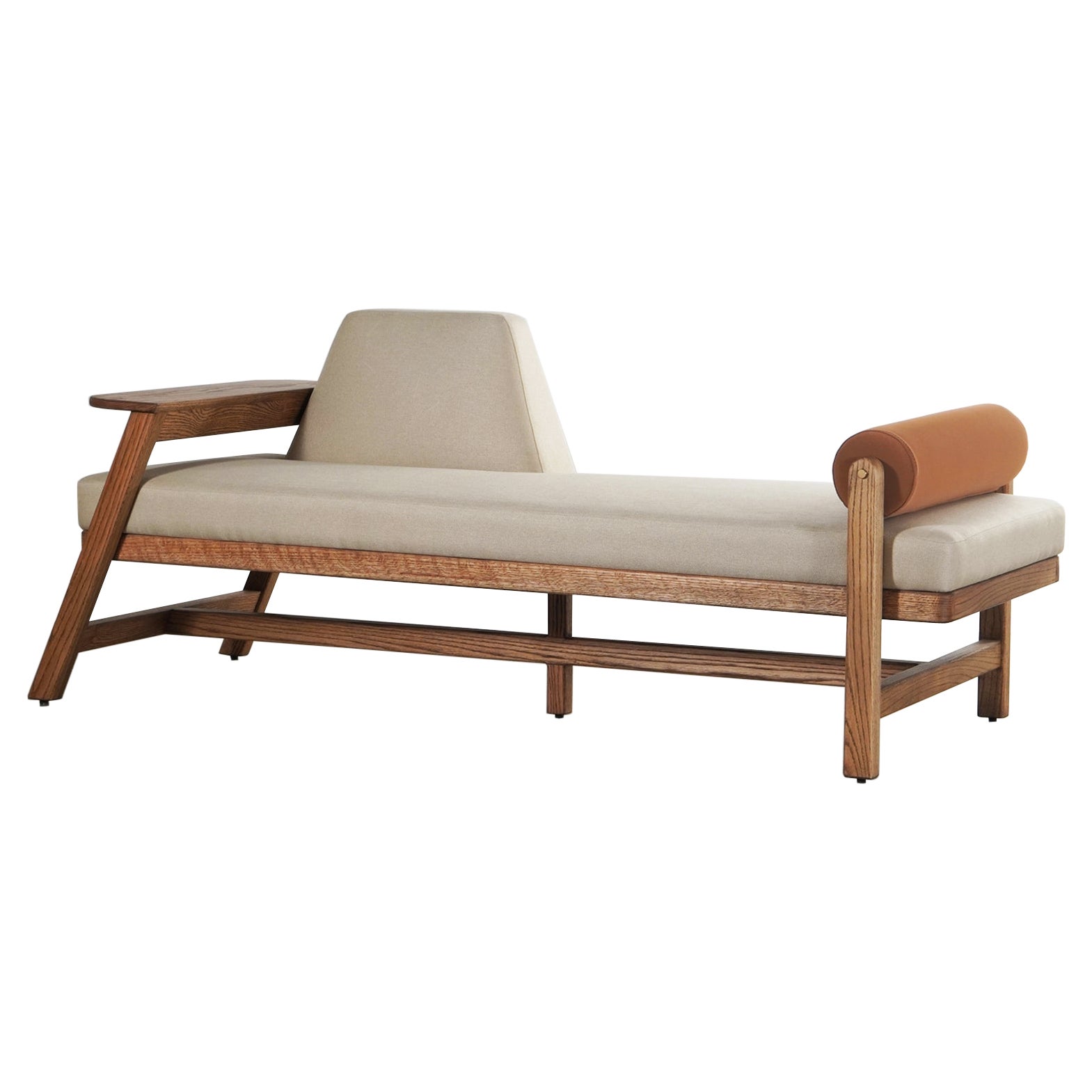 Minimal Modern Oak wood upholstered Bench with bolster, brass and wooden armrest For Sale