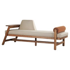 Minimal Modern Oak wood upholstered Bench with bolster, brass and wooden armrest