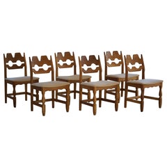 Set of 6 Henning Kjærnulf "Razorblade" Chairs in Oak & Hessian, 1960s