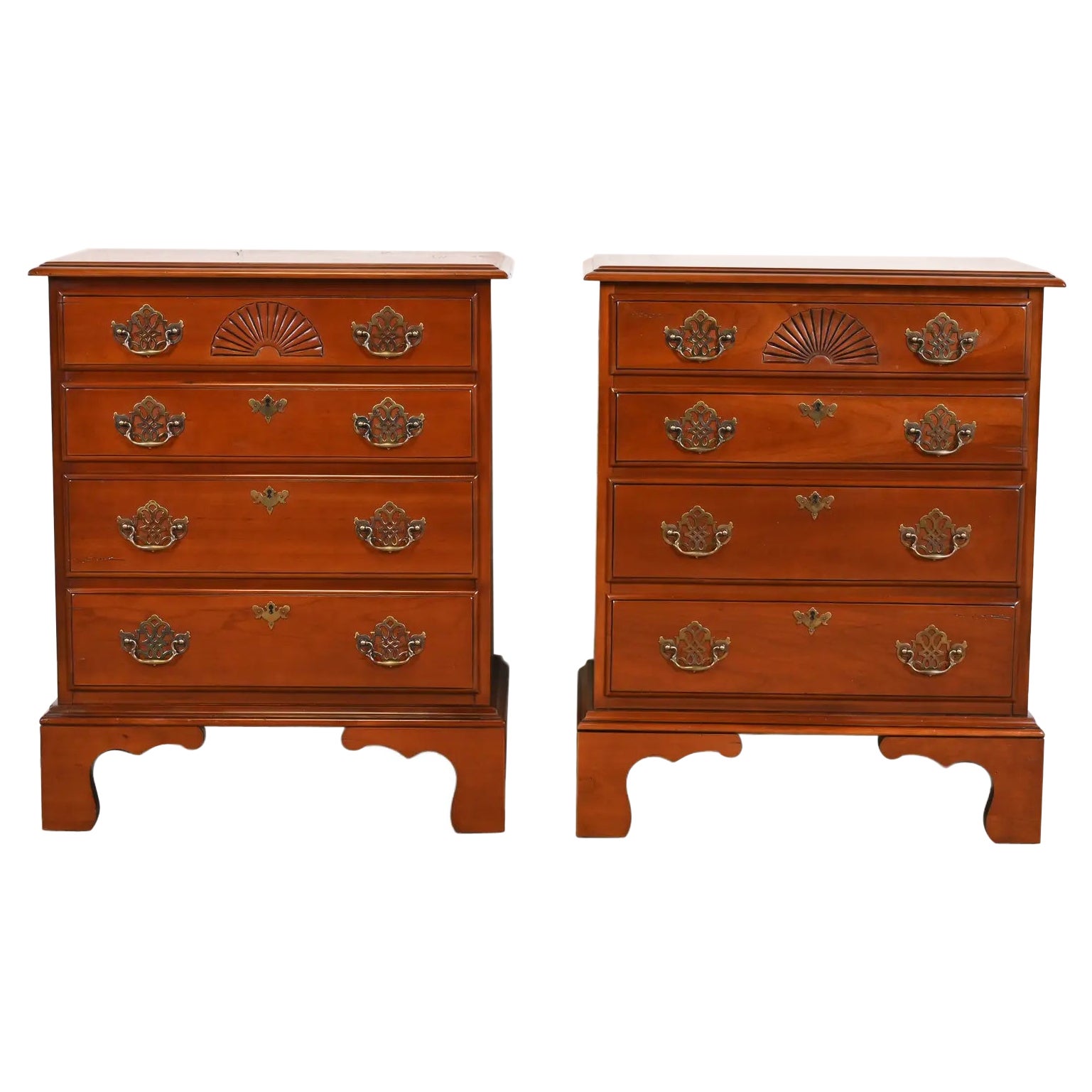 Harden Furniture Georgian Solid Cherry Wood Four-Drawer Bedside Chests, Pair For Sale