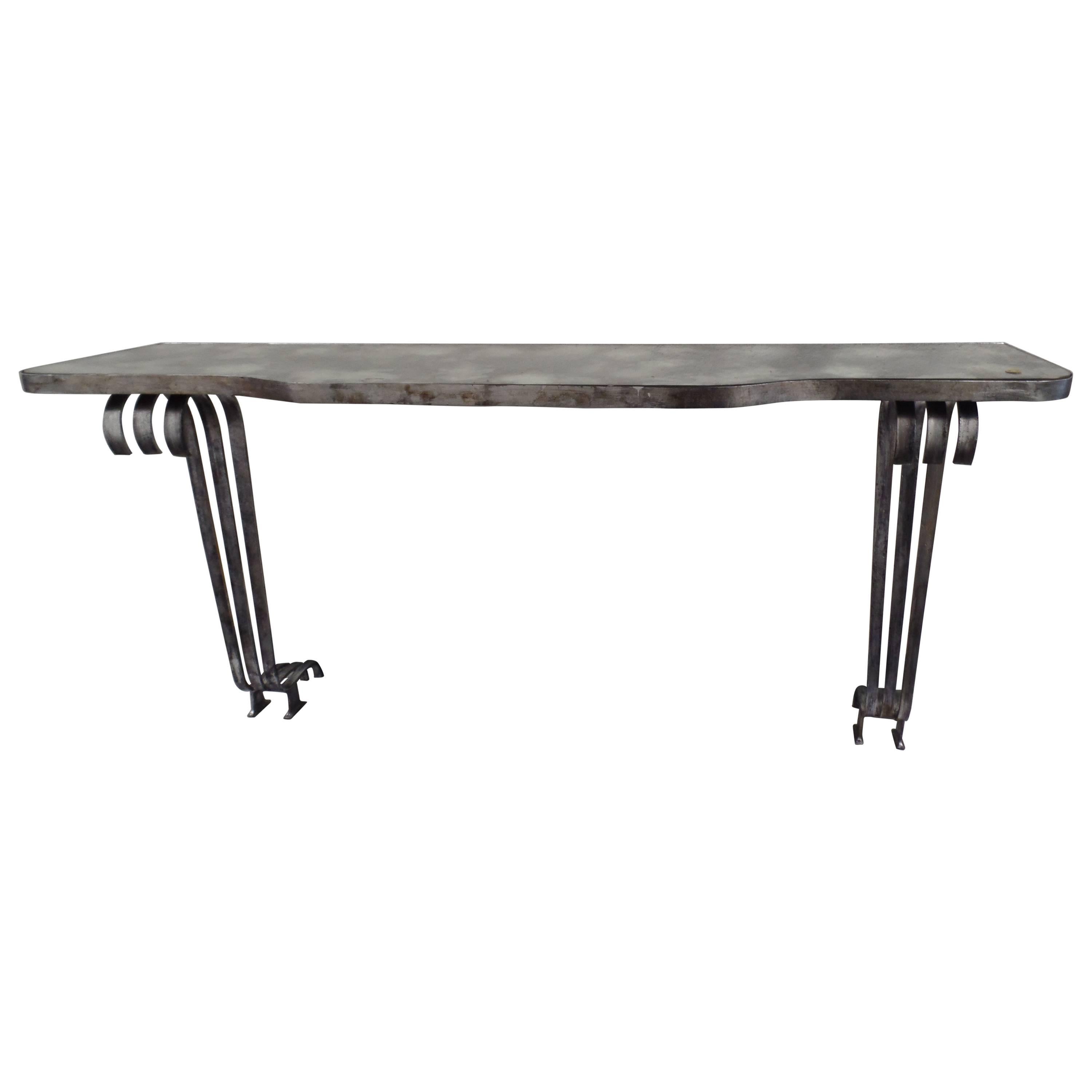 Large French Mid-Century /Art Deco Silvered Iron Console, Raymond Subes, 1930