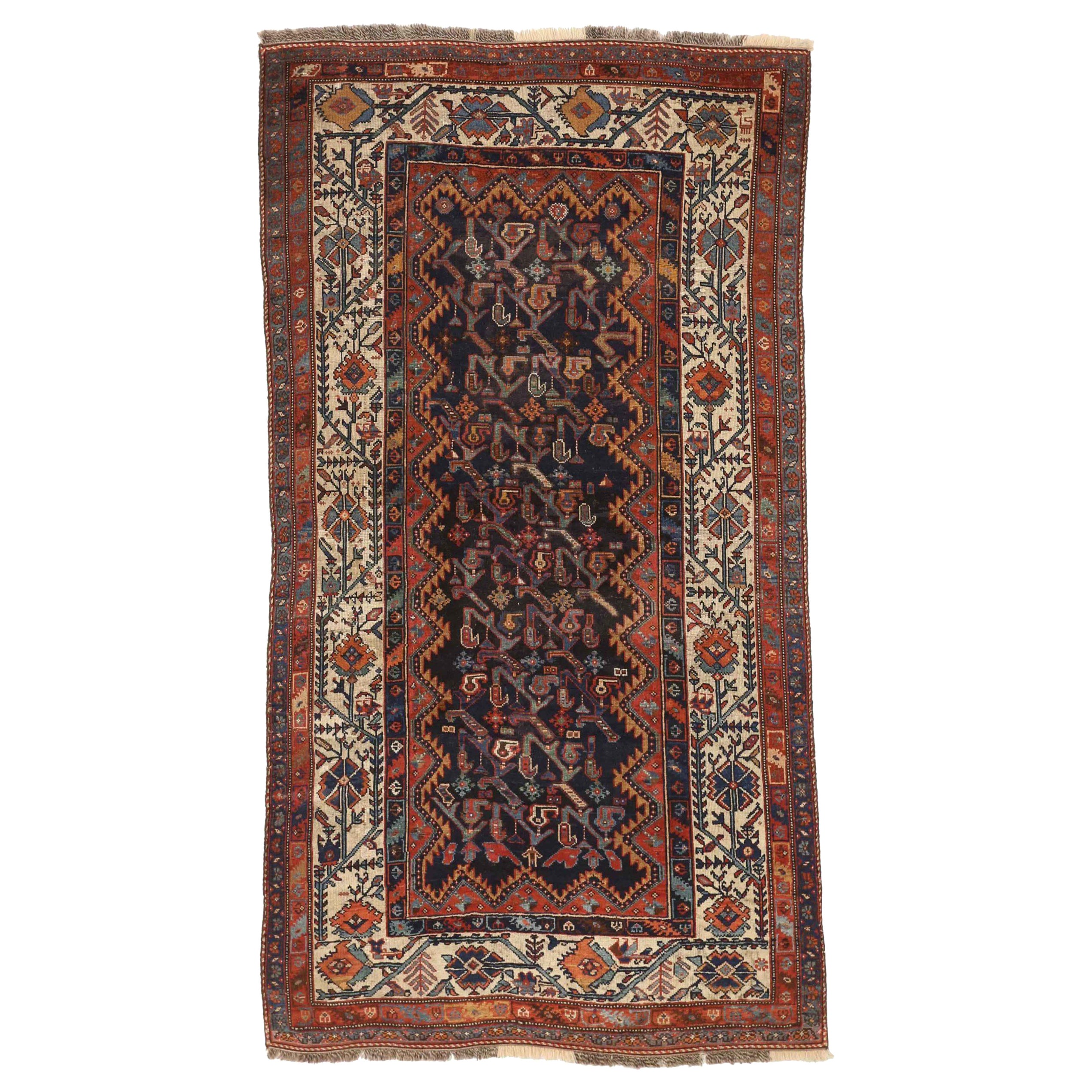 Petit tapis persan Bakhtiari - Laine ivoire bleu marine bleu rouge motif - 75030